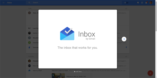 První spuštění webové verze Inbox by Gmail První spuštění webové verze Inbox by Gmail